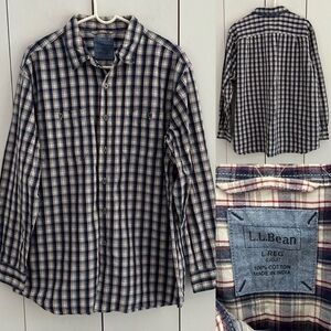 LL Bean Cotton Plaid Button Up Shirt L Blue Red White Long Sleeve Fisherman